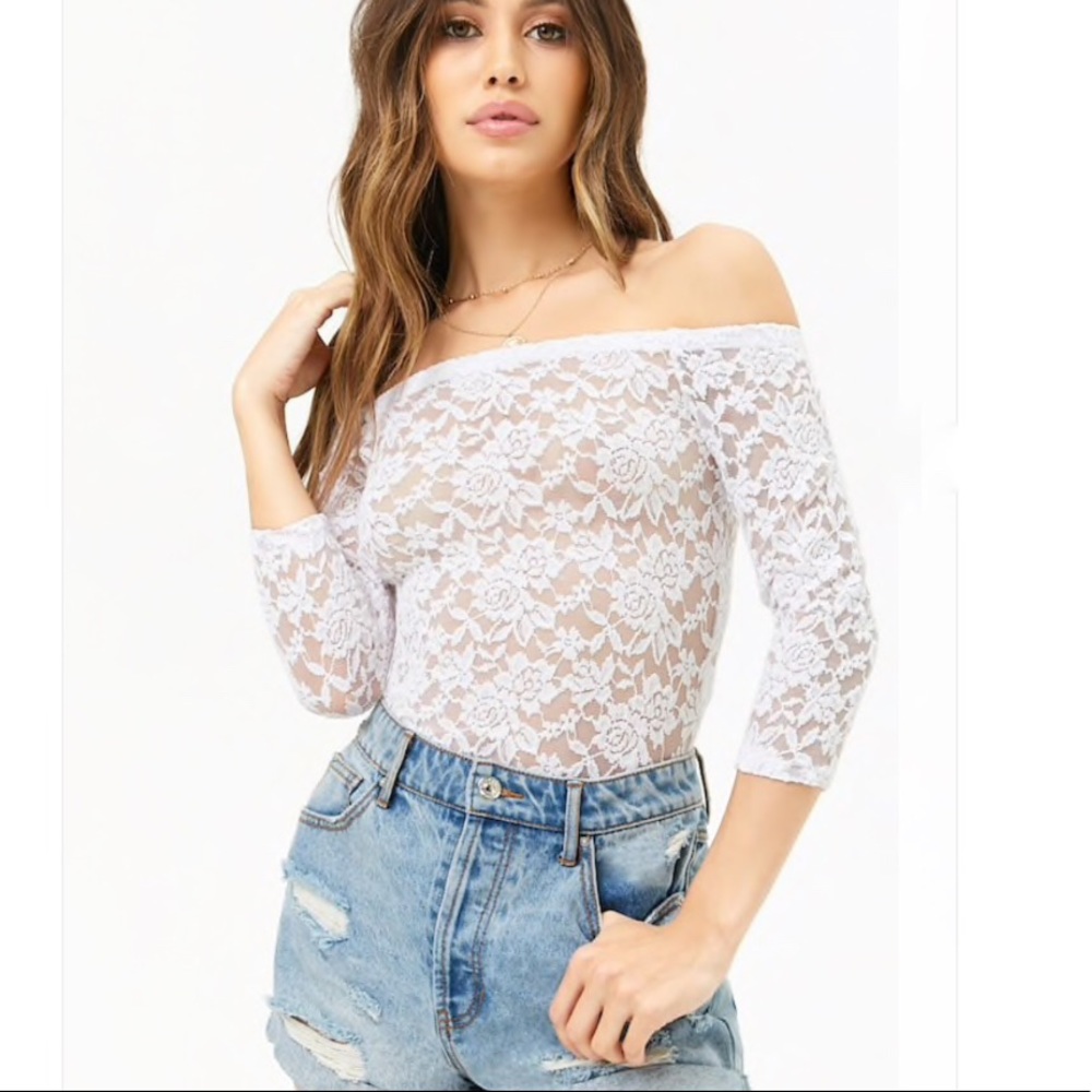 NEW WITH TAGS! White Lace Sexy Sheer Bodysuit